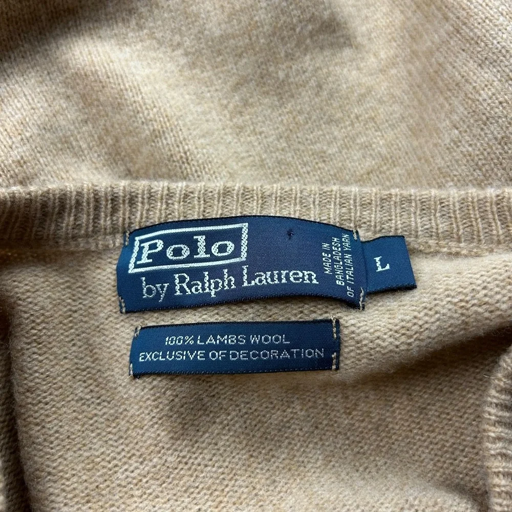 Polo Ralph Lauren Sweater Mens Large Brown 100% Lambswool V Neck Preppy